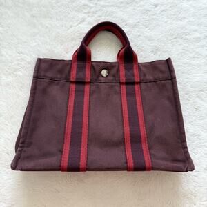 Hermès Fourre Tout Burgundy Canvas Tote Bag Authentic